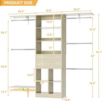 5FT Small Closet System, Baby Closet Organizer System with Wooden Drawers, 60 Inches Walk in Closet System with 5 Hanging Rods and 3 Reversible Hanging Shelving, Greige Oak