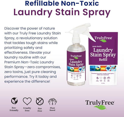 Truly Free Laundry Stain Remover Spray for Clothes - Removes Tough, Dried-In Stains on Whites & Colors -Natural Ingredients - Gentle Yet Powerful - Includes 3 oz Refill & Empty Refillable Bottle