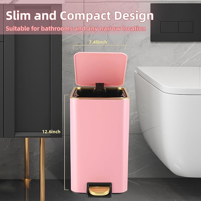 Small Bathroom Trash Can with Lid Soft Close, 1.8 Gallon Stainless Steel Garbage Can with Removable Inner Bucket,Wicker Storage Baskets,75Count Trash Bags, Slim Step Pedal Trash Bins