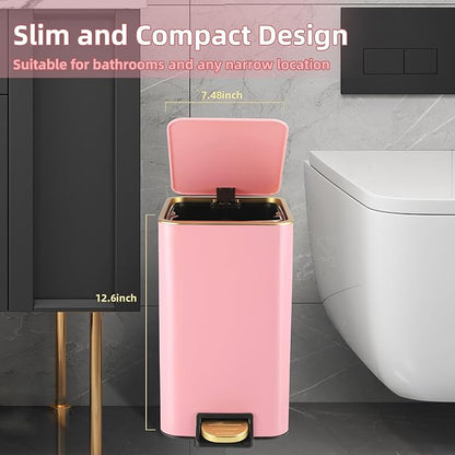 Small Bathroom Trash Can with Lid Soft Close, 1.8 Gallon Stainless Steel Garbage Can with Removable Inner Bucket,Wicker Storage Baskets,75Count Trash Bags, Slim Step Pedal Trash Bins