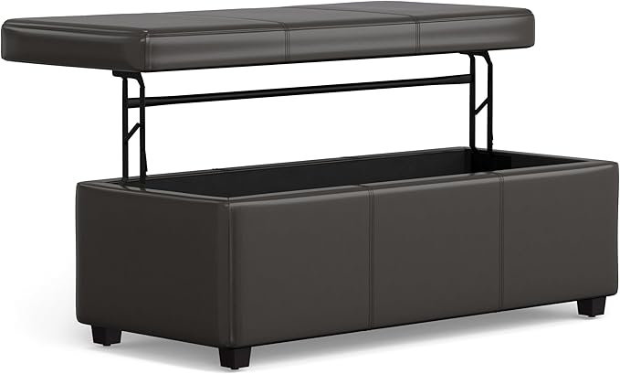 SIMPLIHOME Avalon 44 inch Wide Contemporary Rectangle Lift Top Rectangular Storage Ottoman in Tanners Brown Vegan Faux Leather, Assembled, for the Living Room, Entryway and Family Room.
