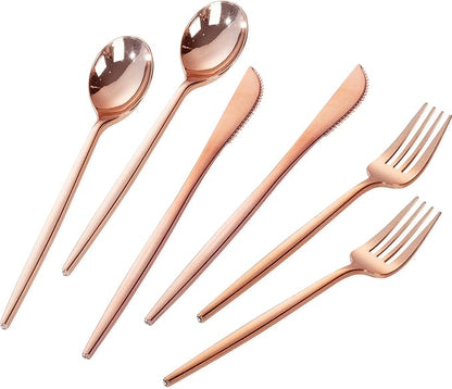 PULOTE 300PCS Rose Gold Plastic Silverware Set - Heavy Duty Rose Gold Utensils Set - Plastic Cutlery Disposable - Include 100 Knives,100 Forks and 100 Spoons for Party & Wedding
