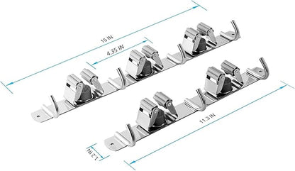 2 Pcs Mop Broom Holder Wall Mounted, Dustpan Holders, Stainless Steel Mop Hangers Organizer, Broom Rack, Utility Hook for Hanging Brooms and Mops(3 Racks 4 Hooks and 2 Racks 3 Hooks)