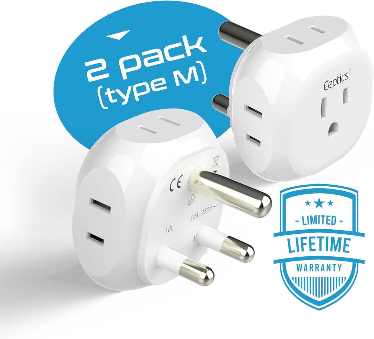 Ceptics South Africa Travel Plug Adapter South Africa Power Adapter Charger 4 Input - USA to Any Type M Countries Such as Botswana, Namibia and More - 2 Pack (PT-10L), White (PT-10L-2PK)