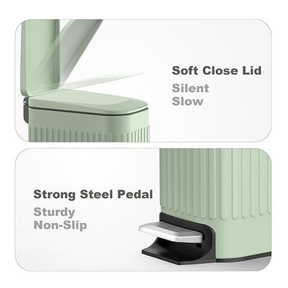 TrashAid Slim Bathroom Trash Can with Lid Soft Close, 6 Liter/1.6 Gallon Stainless Steel Small Garbage Can with Removable Inner Bucket, Step Pedal, Slim Wastebasket for Toilet, Office, Bedroom, Green