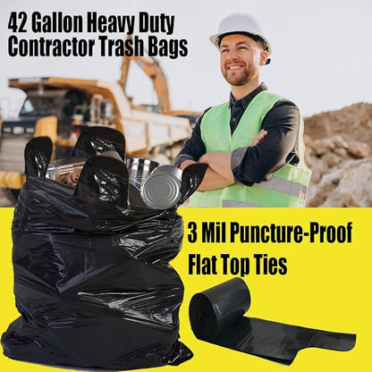 Contractor Heavy Duty Trash Bags 42 Gallon | 10 Count | 3 MIL | 32.8" X 46" | Large Black Flap Tie Construction Garbage Bags for Business Home Commercial, Industrial, Storage, Outdoor