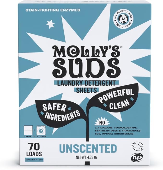 Molly’s Suds Laundry Detergent Sheets | Gentle on Sensitive Skin, Powerful Bio-Based Enzymes, Stain-Fighting | Liquidless & Plastic-Free Packaging | 70 Loads (Unscented)