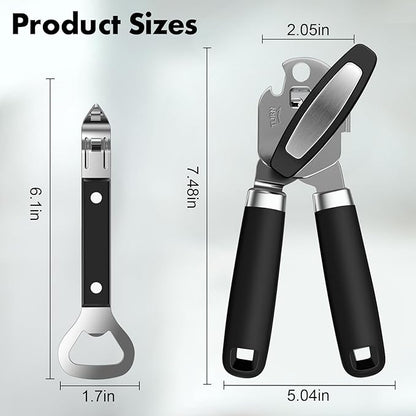 2PCS Can Opener Manual & Bottle Opener, Smooth Edge Manual Can Openers with Strong Magnet, Heavy Duty Stainless Steel Abrelatas Handheld Can Openers - Premium Kitchen Supplies (Black)