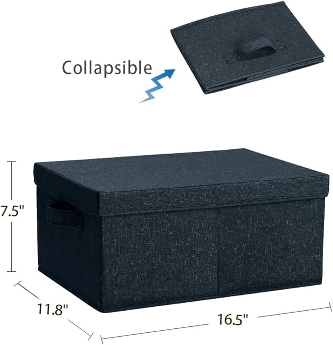 HOONEX Linen Foldable Storage Bins with Lids, 2 Pack, Storage Boxes with Carrying Handles and Sturdy Heavy Cardboard, 16.5" L x 11.8" W x 7.5" H for Shoes, Books, Clothes, Nursery, Dark Grey