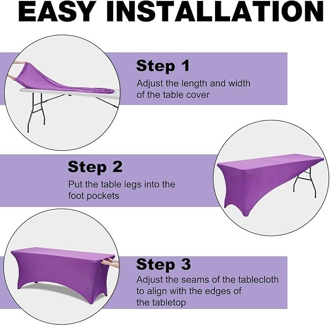Trlyc 1 Pack 8FT Spandex Table Cloth - 96 x 30 Inch Rectangular Stretch Tablecloth, Wrinkle Resistant Scretch Table Cover for Wedding, Party, Banquet, Picnic, Outdoor Decoration (1Pcs,Purple)