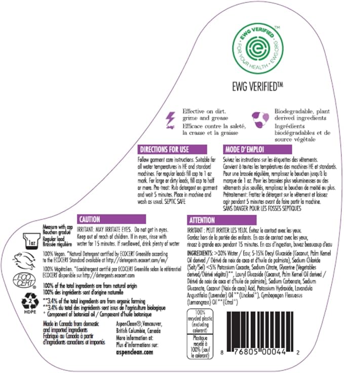 AspenClean Natural Laundry Detergent Lavender & Lemongrass - 100% Natural, Organic, HE Liquid Laundry Detergent - Vegan, Cruelty-Free, Biodegradable - Safe for Babies, Pets & Kids - EWG Certified (2