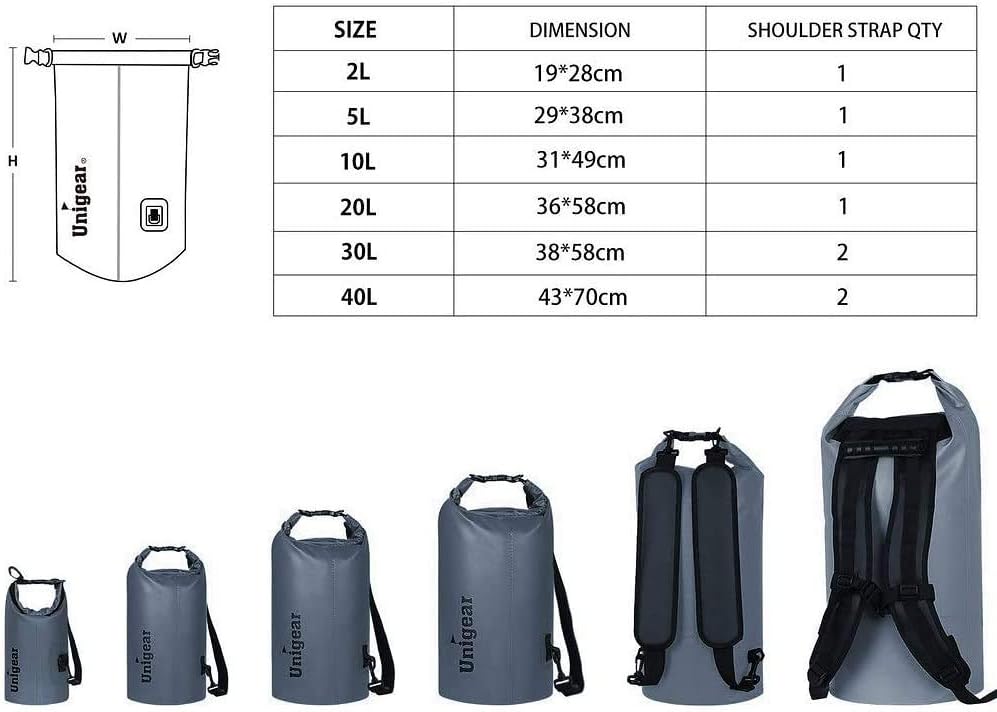 Unigear Dry Bag Waterproof, 2L/5L/10L/20L/30L/40L Floating and Lightweight Bags for Kayaking, Boating, Fishing, Swimming and Camping with Waterproof Phone Case
