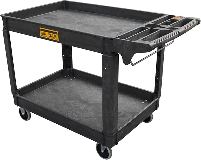 Utility Service Cart, 2-Shelf 500LBS Heavy Duty Plastic Rolling Utility Cart with 360° Swivel Wheels, Lipped Shelves, Ergonomic Storage Handle for Warehouse/Garage/Cleaning/Manufacturing