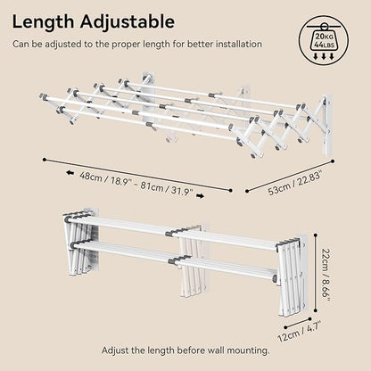 APEXCHASER Wall Mounted Clothes Drying Rack, Laundry Drying Rack Retractable, Towel Racks Wall Mounted for Bathroom Balcony Laundry Room Indoor, Foldable Accordion Dryer Rack for Clothing, White
