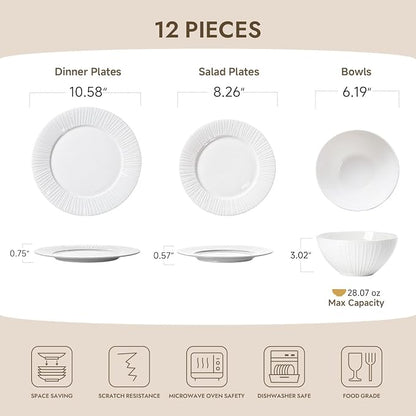 12Pc Textured White Bone China Set Service
