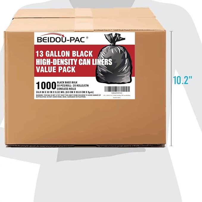 13 Gallon Trash Bags, 1000 Count Bulk Value Pack, Black Tall Kitchen Garbage bags, Multi-purpose Trash Can Bin Liners for Bathroom, Office, Industrial, Commercial, Janitorial, Municipal, Recycling
