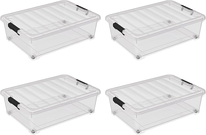 4 Pack Multipurpose 25 Qt Underbed Secure Latching Bin, Plastic Storage Container with Snap-On Lid and Wheels, Clear