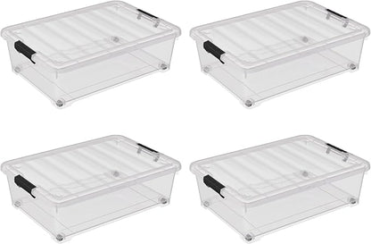 4 Pack Multipurpose 25 Qt Underbed Secure Latching Bin, Plastic Storage Container with Snap-On Lid and Wheels, Clear