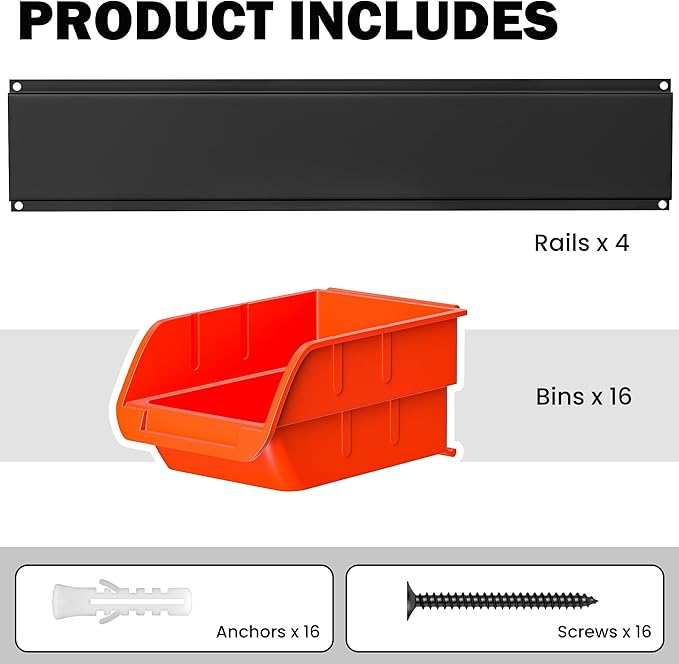 Ultrawall Wall Mounted Storage Bins, Plastic Hanging Storage Organizer Bins, Garage Tool Storage System for Screws, Nuts, Bolts, Nails, and Small Hardware Parts, 16x bins & 4 x rails, Orange