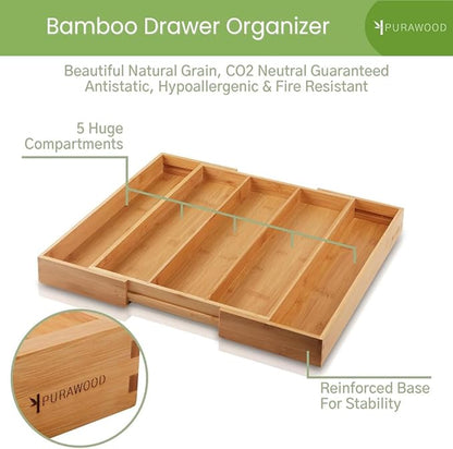 Purawood Kitchen Drawer Organizer, 2 Pack - Expandable Utensil Drawer Organizer for Kitchen, Cutlery Tray & Silverware Organizer, 3-5 Slots - Bamboo Organizer for Utensils & Flatware (Natural)