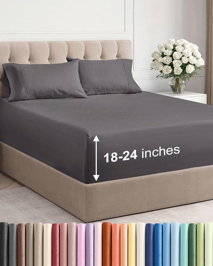 Extra Deep Pocket Queen Sheet Set - 4 Piece Breathable & Cooling Bed Sheets - Hotel Luxury Sheet Set - Soft, Wrinkle Free and Comfy - Easily Fits Extra Deep Mattresses - Deep Pocket Dark Grey Sheets