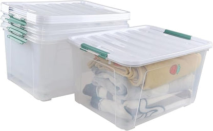 80 L Large Clear View Plastic Storage Bin with Lid and Secure Latching Buckles, 4-Pack Wheeled Clear Storage Boxes