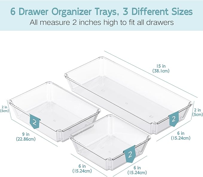 6 Pack Large Clear Plastic Drawer Organizer Trays, Desk Drawer Organizers and Storage Dividers, Non-Slip Storage Bins for Jewelry, Snacks, Office, Bathroom, Bedroom and Kitchen