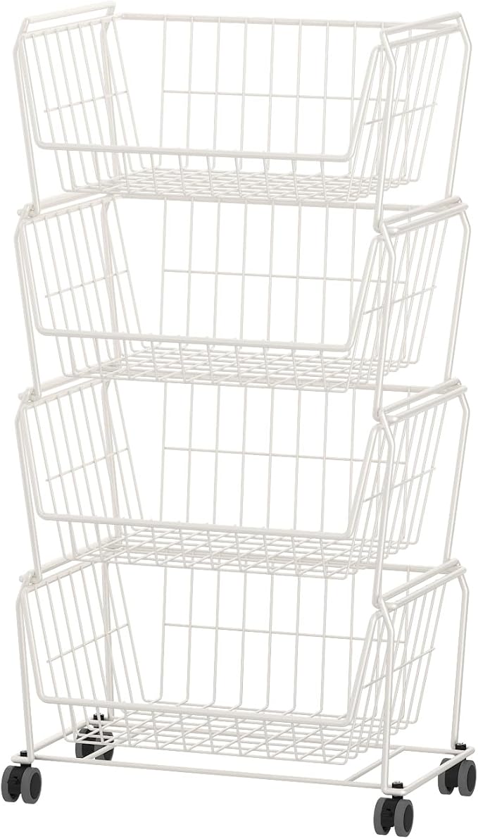 PUSDON Stackable Metal Storage Carts, Dual Use Shelf for Kitchen Fruit Vegetable Baskets with Wheels, Storage Rack for Living Room, Home & Office, Standard White 4 Tiers