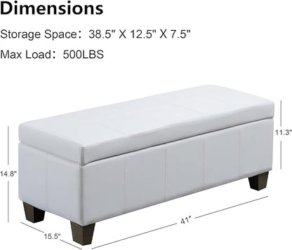 White Faux Leather Ottoman with Storage, Rectangular Extra Long Storage Bench for Bedroom and Living Room