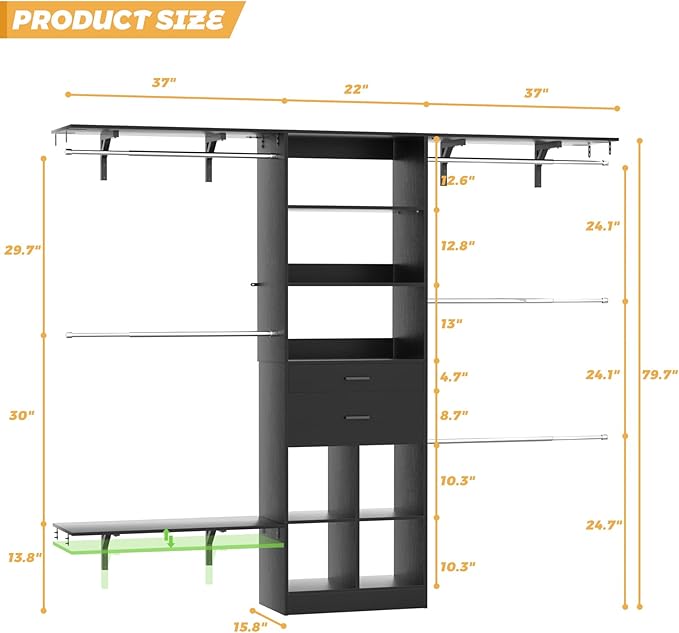 Closet System - 4.75-8FT Closet Organizer System with Wooden Drawers & Cube Storage Organizer, Up To 96" Closet Systems for Nursery & Walk-In Closets with Cuttable Hanging Shelving, Black