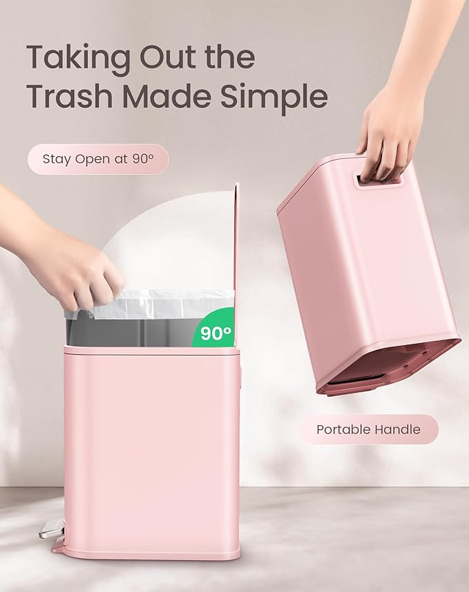Cesun Small Bathroom Trash Can with Lid Soft Close, Step Pedal, 5 Liter / 1.3 Gallon Stainless Steel Garbage Can with Removable Inner Bucket, Waste Basket for Bathroom, Bedroom (Pink)
