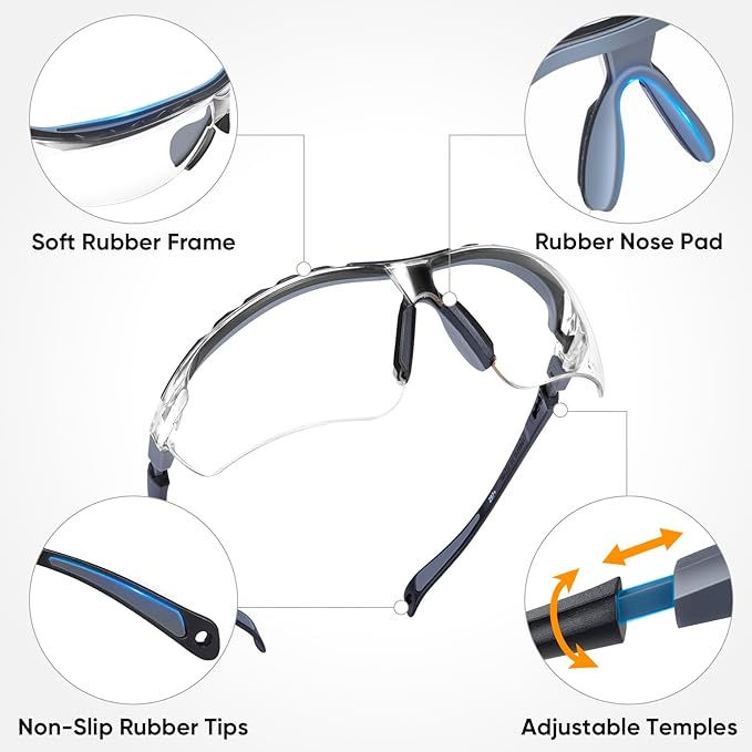 TICONN Anti-Fog Safety Glasses for Men and Women, ANSI Z87.1 Scratch Proof Eye Goggles with Adjustable Arms and UV Protection