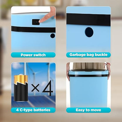 Automatic Motion Sensor Bathroom Trash Can with Lid, 13 Gallon Touchless Trash Bin, Smart Dog Proof Garbage Can, Touch Free Waste Basket for Toilet, Office, Bedroom,Blue,2
