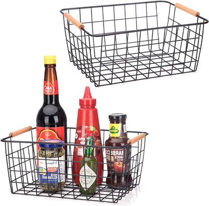 Metal Wire Food Storage Basket Organizer with Wooden Handles for Organizing Kitchen Cabinets, 4 Packs-Black