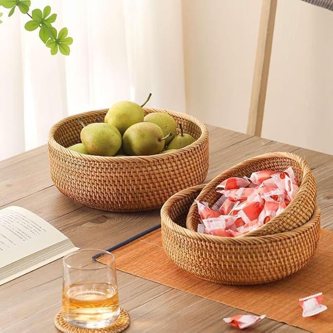 Rattan Bread Basket, Hand Woven Fruit Basket, Wicker Serving Basket Bowl, Decorative Baskets for Kitchen Counter Organizing, Set of 3 (Round)