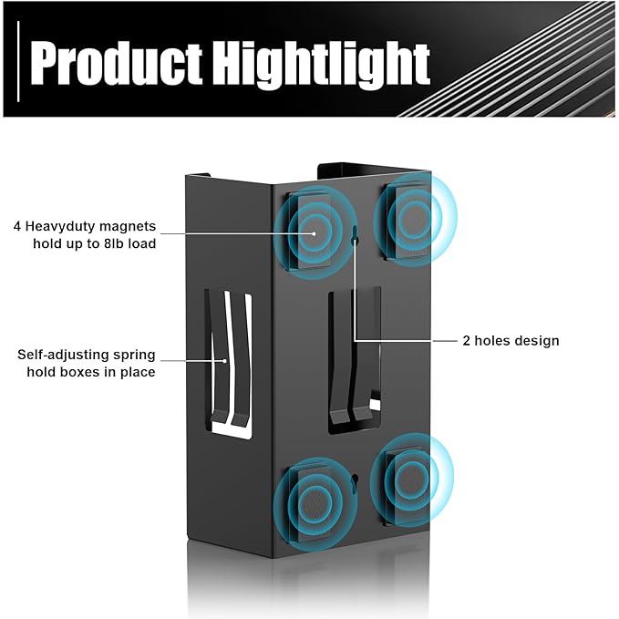 Magnetic Glove Box Holder, Disposable Glove Dispenser Wall Mount, Metal Glove Rack Organizer for Rubber Latex Gloves Tissue Box, Black