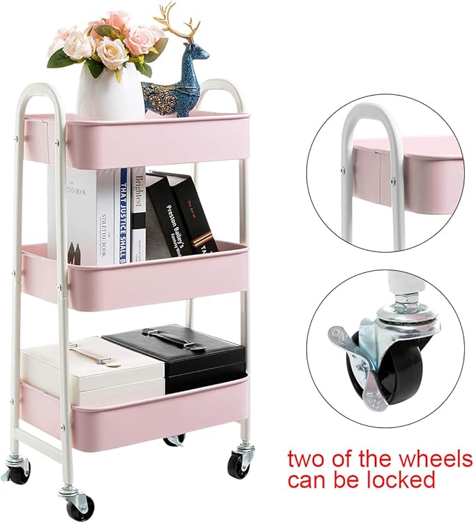 AGTEK Makeup Cart, Movable Rolling Organizer Cart, 3 Tier Metal Utility Cart, White - Pink