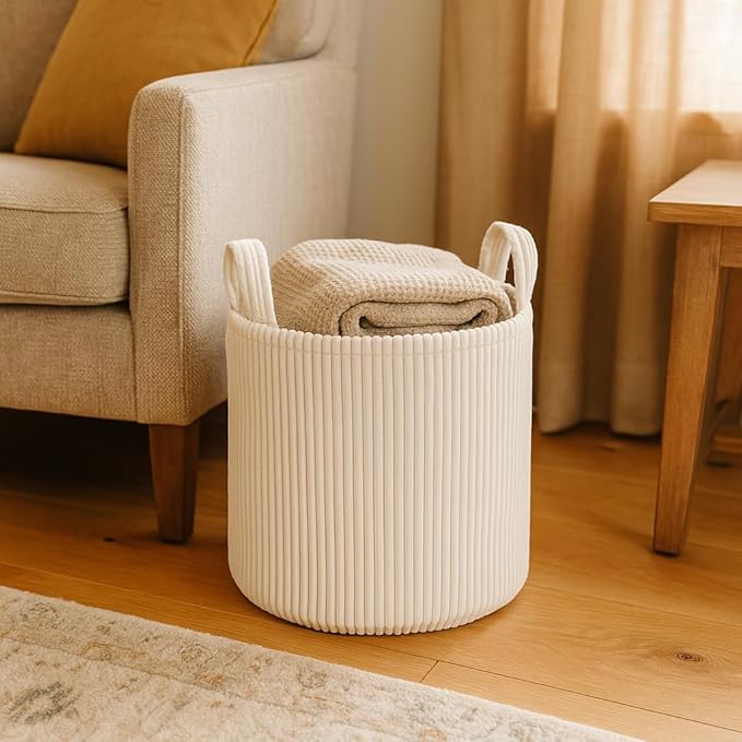 PUTSKA Blanket Basket – Round Storage for Toys and Blankets, Clothes, Stuffed Animals – Soft Baby Girl Basket for Nursery, Kids Room, Bedroom, Living Room – Regular, Cream