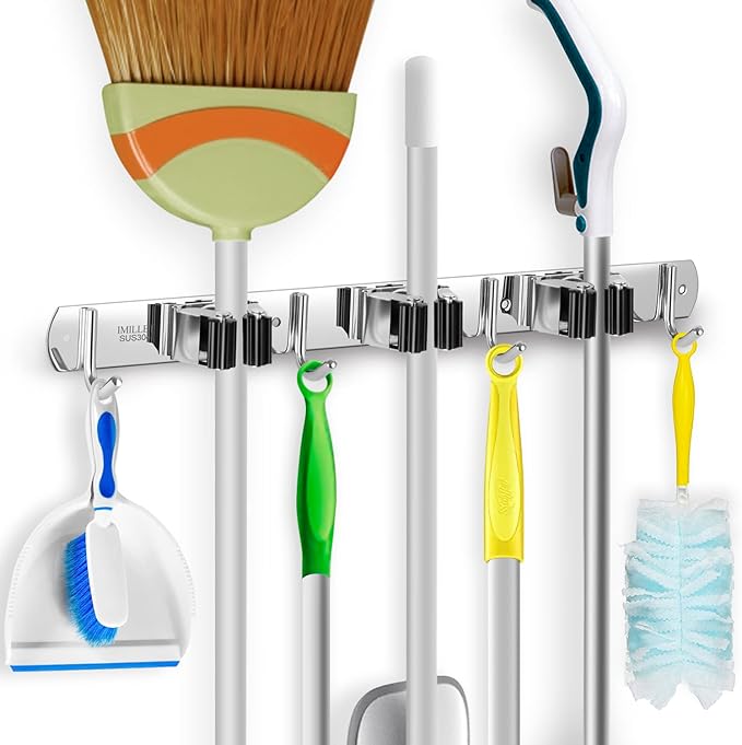 IMILLET Broom Holder Wall Mounted, Stainless Steel Broom and Mop Holder Self Adhesive Broom Organizer Heavy Duty Hooks Storage Organizer for Home Laundry Room Garden Garage Closet Kitchen (1 Pack)