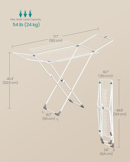 SONGMICS Clothes Drying Rack, Metal Laundry Drying Rack, Foldable, Space-Saving, Free-Standing Airer, with 4 Gullwings, Indoor Outdoor Use, Bed Linen Clothing, White ULLR541W01