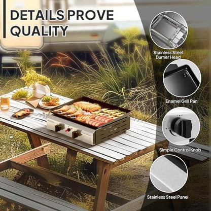 Bonnlo 2 Burner Portable Propane Griddle, 20,000BTU Gas Grill with Enameled Tray, Rolling Flat Top Gas Grill with Electronic Ignition & Regulator for Outdoor Camping Cooking BBQ