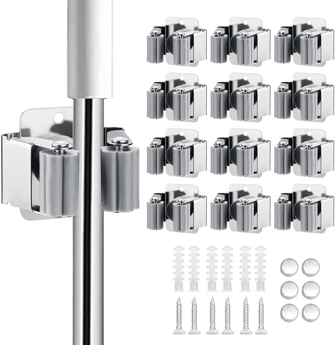 12PCS Broom and Mop Holder, Heavy Duty Garden Tool Organizer Rack Rake and Shovel Handle, Stainless Steel Mop Hanger. Wall Mounted Utility Rack with Screws, Silver