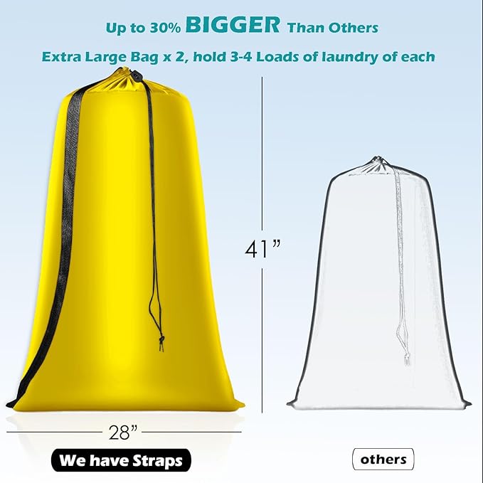Heavy Duty Laundry Bag 2 Pack XL Nylon Laundry Bags with Straps, Washable Large Dirty Clothes Organizer with Drawstring Closure, Travel Washing Bag Fit a Laundry Hamper or Basket