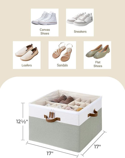 StorageWorks Shoe Organizer for Closet, Fits up to 16 Pairs, Shoe Cubby Storage Containers with Adjustable Dividers and Clear Cover, Green & White
