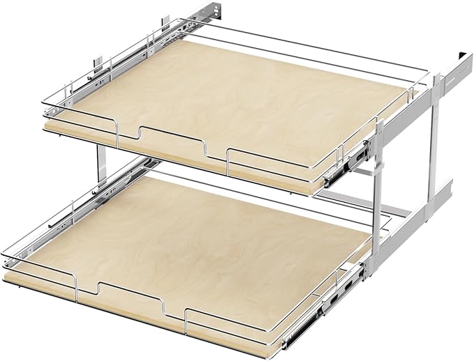 ROOMTEC 2 Tier Individual Pull Out Cabinet Organizer 25½"W x 21½"D, Slide Out Wood Shelves Organizers, Pull Out Drawers Organization and Storage for Kitchen Cabinet