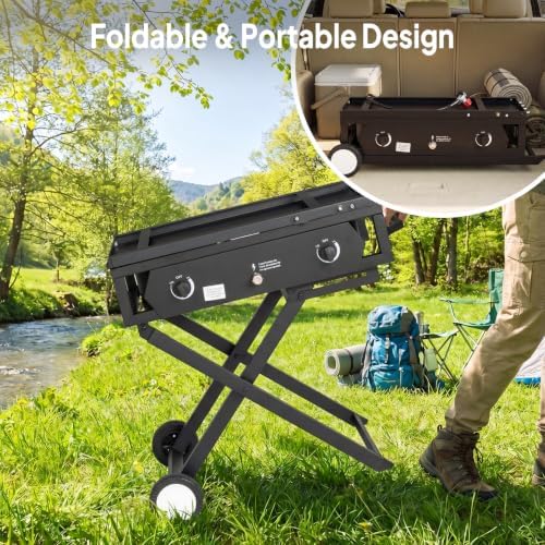 ROVSUN 2 Burner Outdoor Camping Stove with Side Table, Portable Propane Burner, Gas Cooker with Foldable Leg & CSA Regulator for Home Camp Paito Cooking Frying Canning