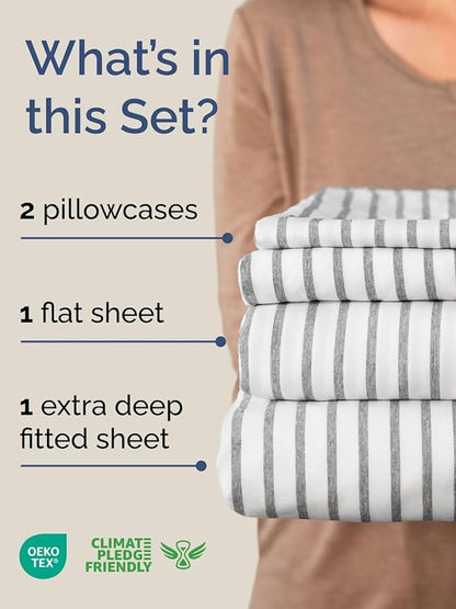 Extra Deep Pocket Cal King Sheets - 4 Piece Breathable & Cooling Bed Sheets - Hotel Luxury Bed Sheet Set - Soft, Wrinkle Free & Comfy - Easily Fits Extra Deep Mattresses - Grey Striped Sheets Set