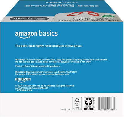 Amazon Basics 13 Gallon Tall Kitchen Drawstring Trash Bags, Unscented, 10% Post Consumer Recycled, 200 Count