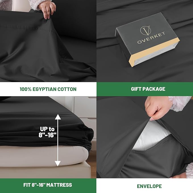 100% Egyptian Cotton Sheets King Size 4PCS 1000 Thread Count Sateen Weave Soft Breathable 16-Inch Deep Pocket （King,Black）
