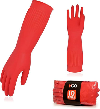 Vgo... 10-Pairs Reusable Household Gloves, Long Sleeve, Thick Latex for Kitchen, Cleaning, Washing, Working, Painting, Gardening, Pet Care (Size M, Red, RB2143)